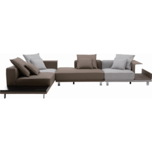 كنبة بثلاثة مقاعد، مصنوعة من الجلد والقماش، بتصميم حرف L، مع مساحة تخزين ضيقة. +R برنسيس (رمادي سحابي فضي + قهوة)