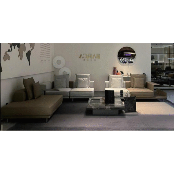 كنبة جلدية وقماشية - ثلاثة مقاعد بمساحة تخزين واسعة (R) + مقعد واحد + كنبة أميرة (L) (رمادي سحابي فضي + قهوة كبيرة)